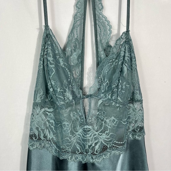 California Dynasty Vintage Y2K Teal Silky Lace Cutout Chemise Tank Dress Small S - Picture 3 of 7